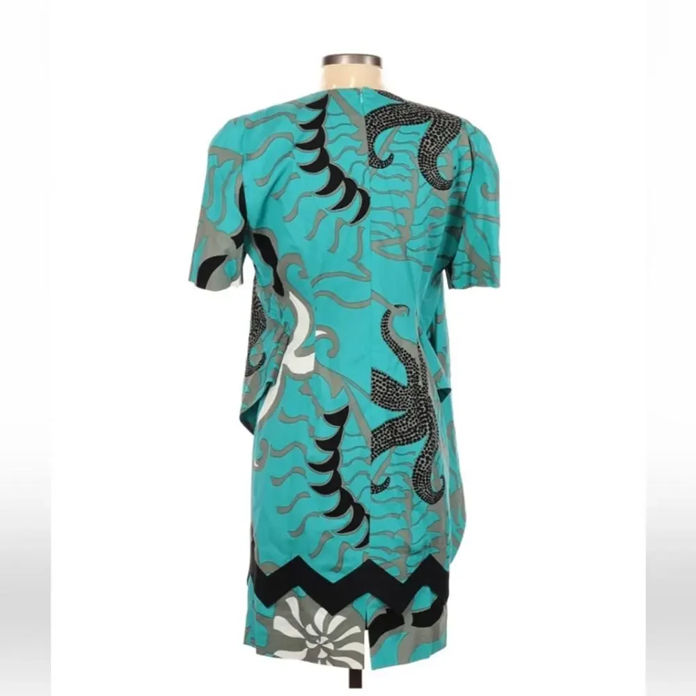 Vintage 80s La Bossa octopus and starfish blue & grey midi dress, size 36 or XS